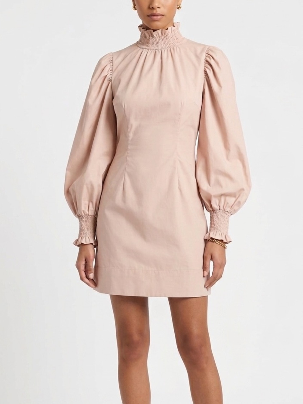 En Saison Long Balloon Sleeve Poplin Mock Neck Dress Blush Pink-Peach Size XS